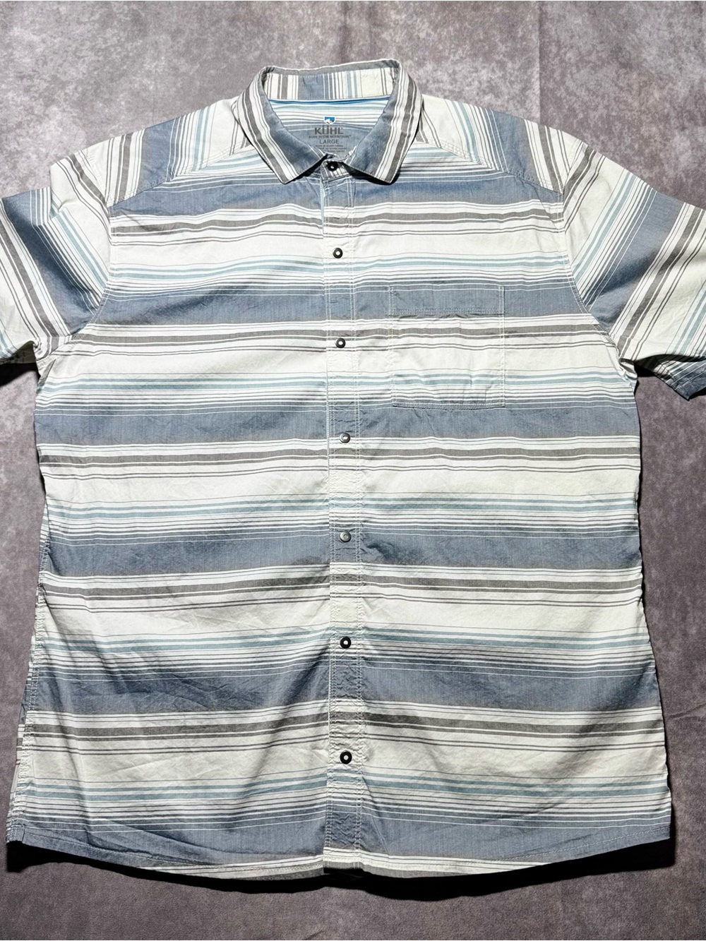 KUHL Men’s Short Sleeve Button Up Born In The Mountains Sz‎ L White/Gray Stripe